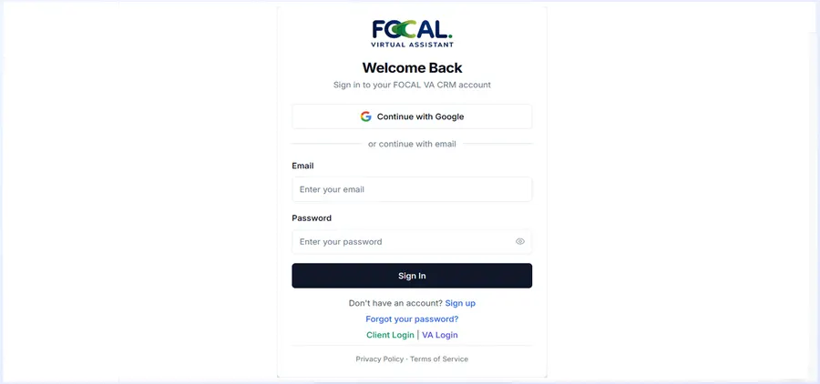 FocalVA sign-in screen, with email/password and Google sign-in options