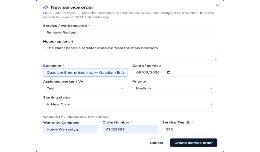 Service order with assigned tech, tasks, time, notes, and parts