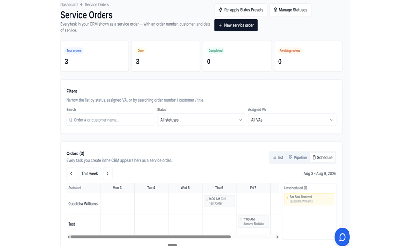 Service order with assigned worker, tasks, time, and notes