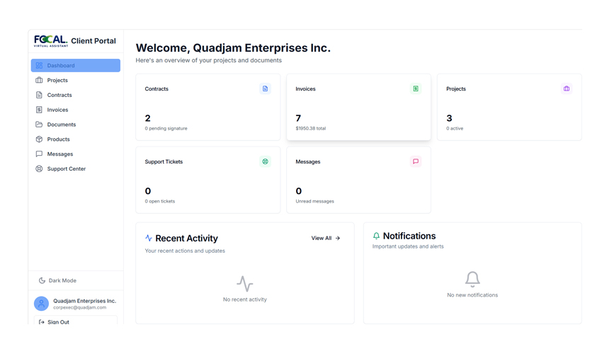 Client portal showing contracts, invoices, and job status